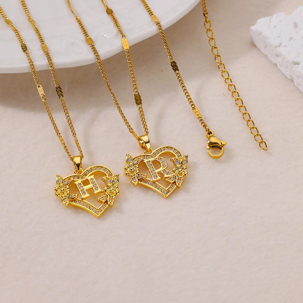 Initial Letter Necklace – Gold Zircon Heart Pendant