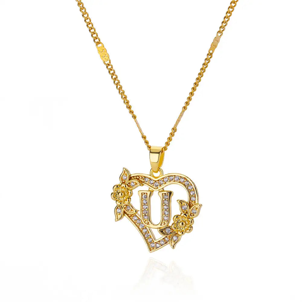 Initial Letter Necklace – Gold Zircon Heart Pendant