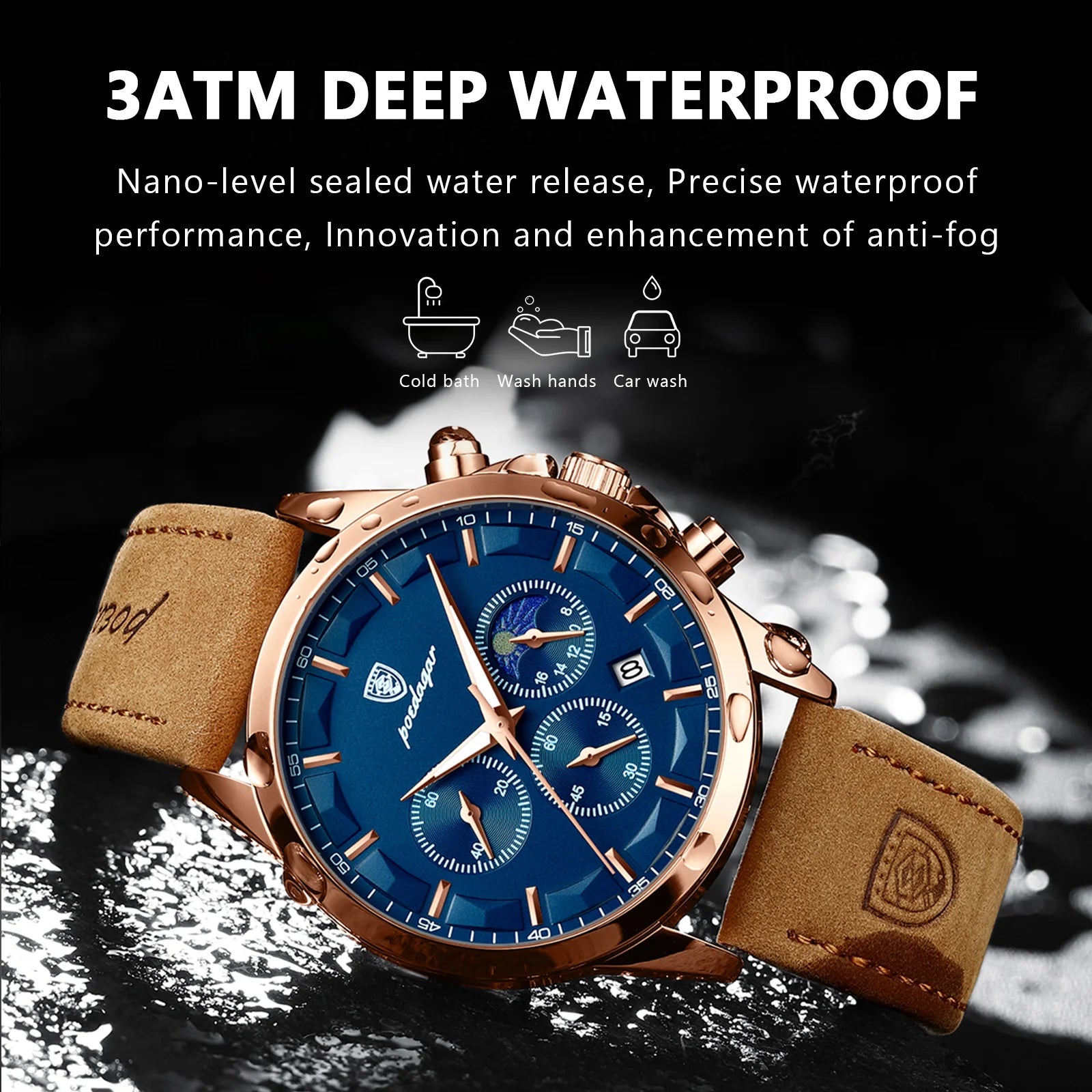 POEDAGAR men's watch – side profile with stainless steel band