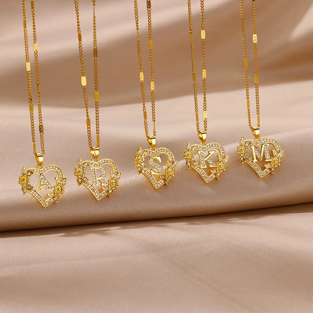 Initial Letter Necklace – Gold Zircon Heart Pendant