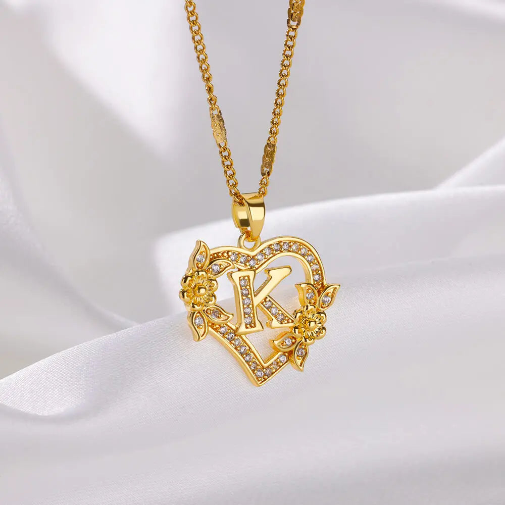 Initial Letter Necklace – Gold Zircon Heart Pendant