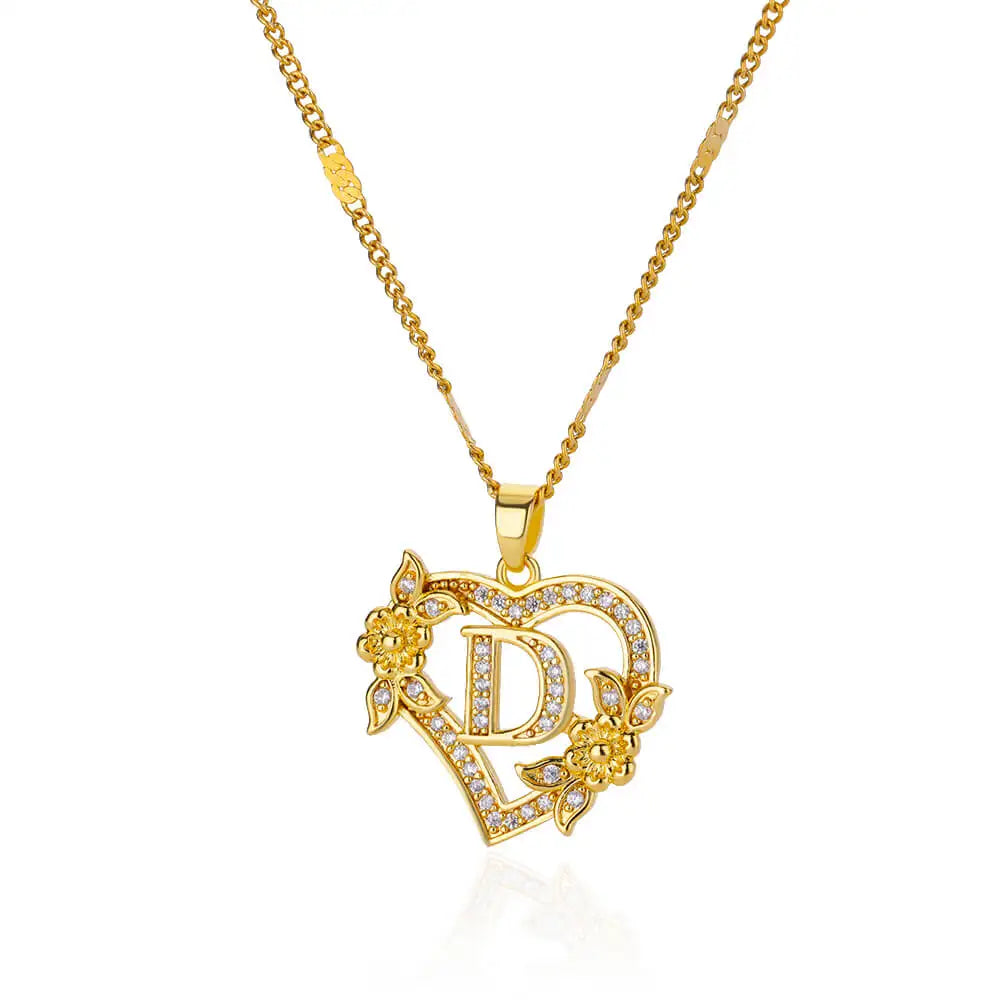 Initial Letter Necklace – Gold Zircon Heart Pendant