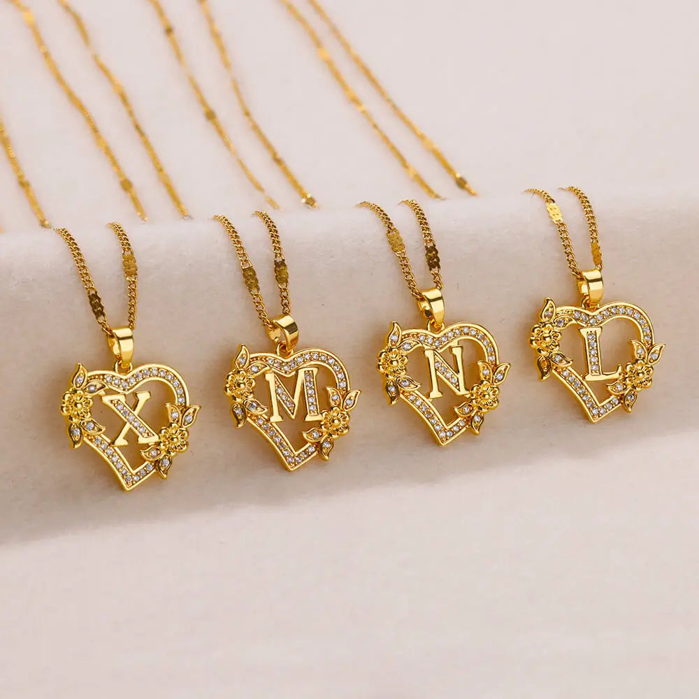 Initial Letter Necklace – Gold Zircon Heart Pendant
