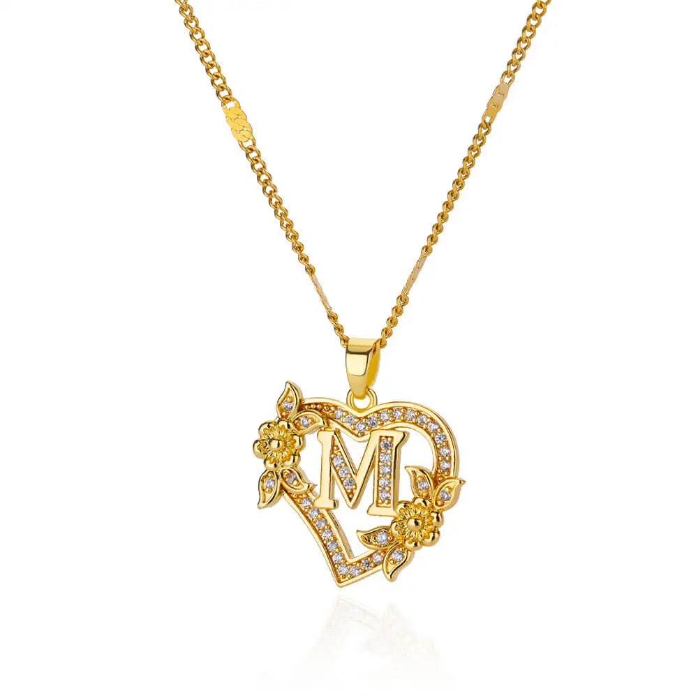 Initial Letter Necklace – Gold Zircon Heart Pendant