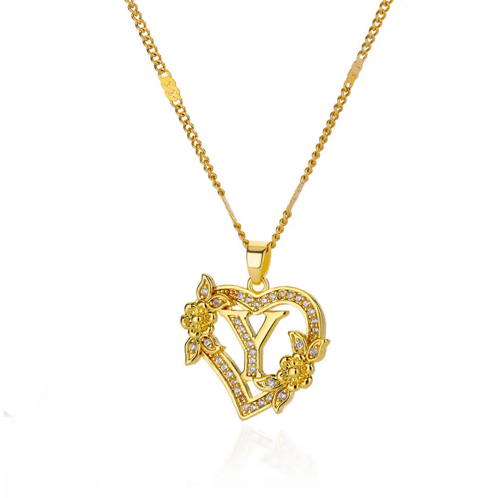Initial Letter Necklace – Gold Zircon Heart Pendant