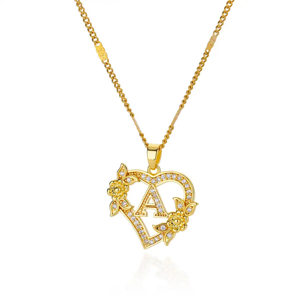 Initial Letter Necklace – Gold Zircon Heart Pendant
