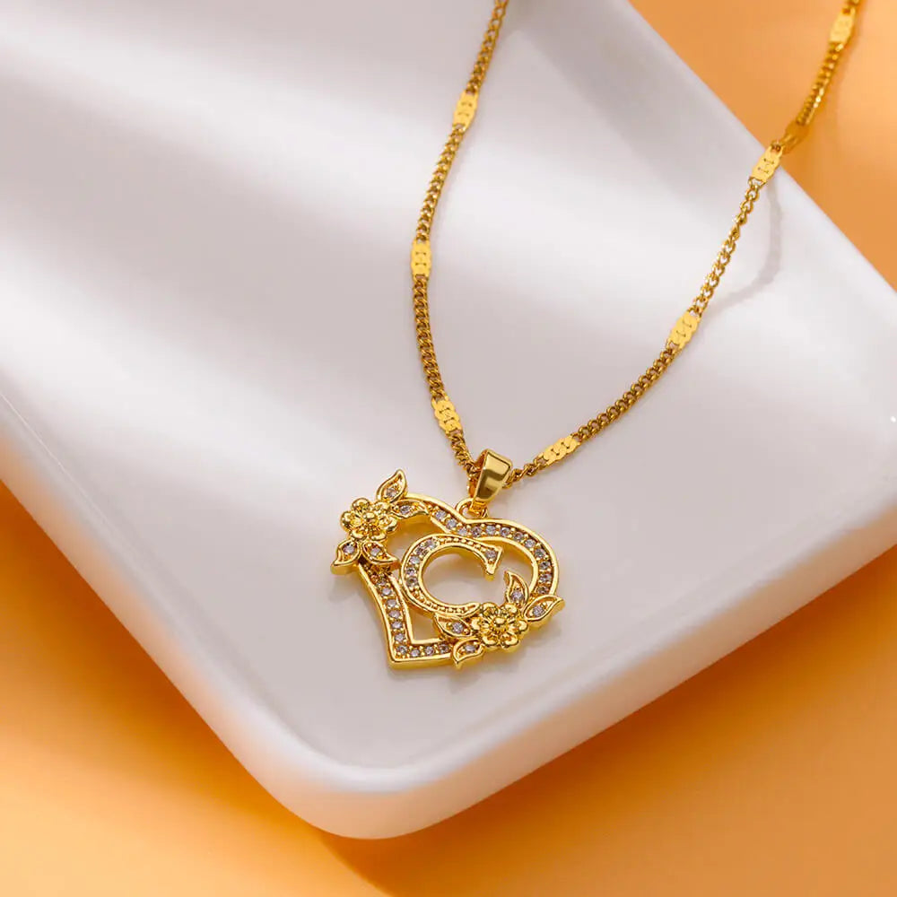 Initial Letter Necklace – Gold Zircon Heart Pendant
